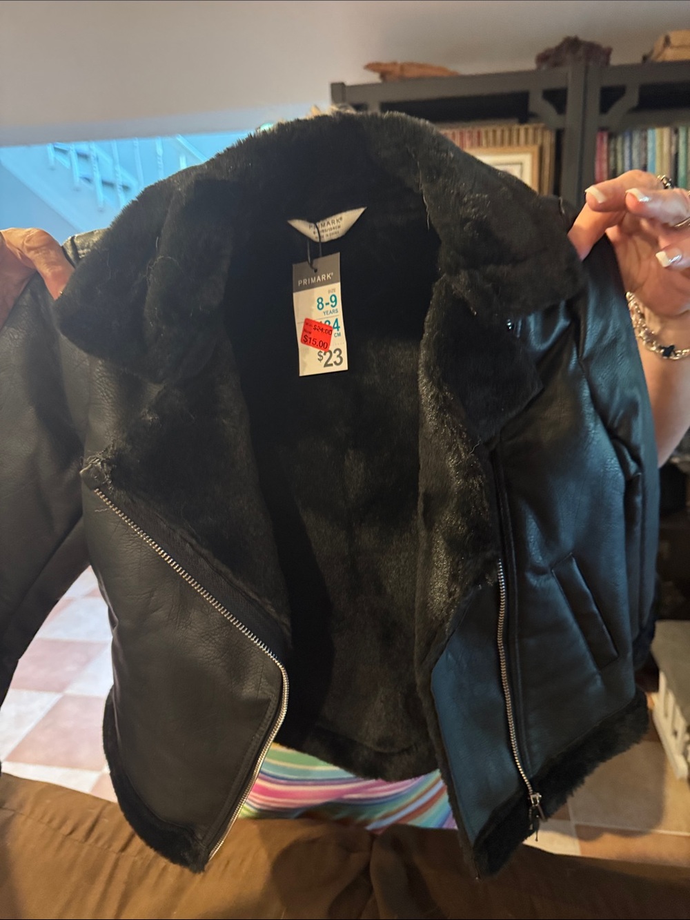 Primark Black Faux Leather Biker Jacket with Plush Faux Fur Lining